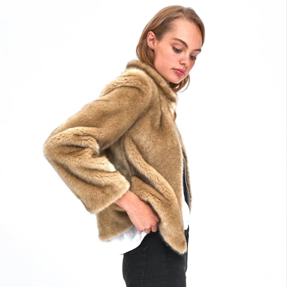 Zara Short Coat Faux Fur Natural Tan High Collar Furry Jacket